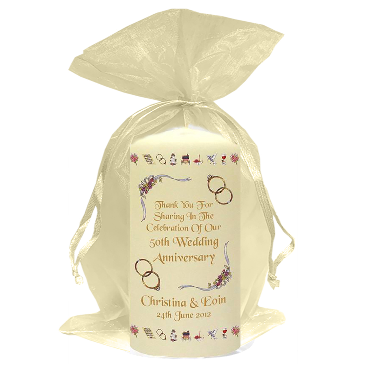 Customised Wedding Anniversary Favour Candle - 50th Anniversary - Ribbons