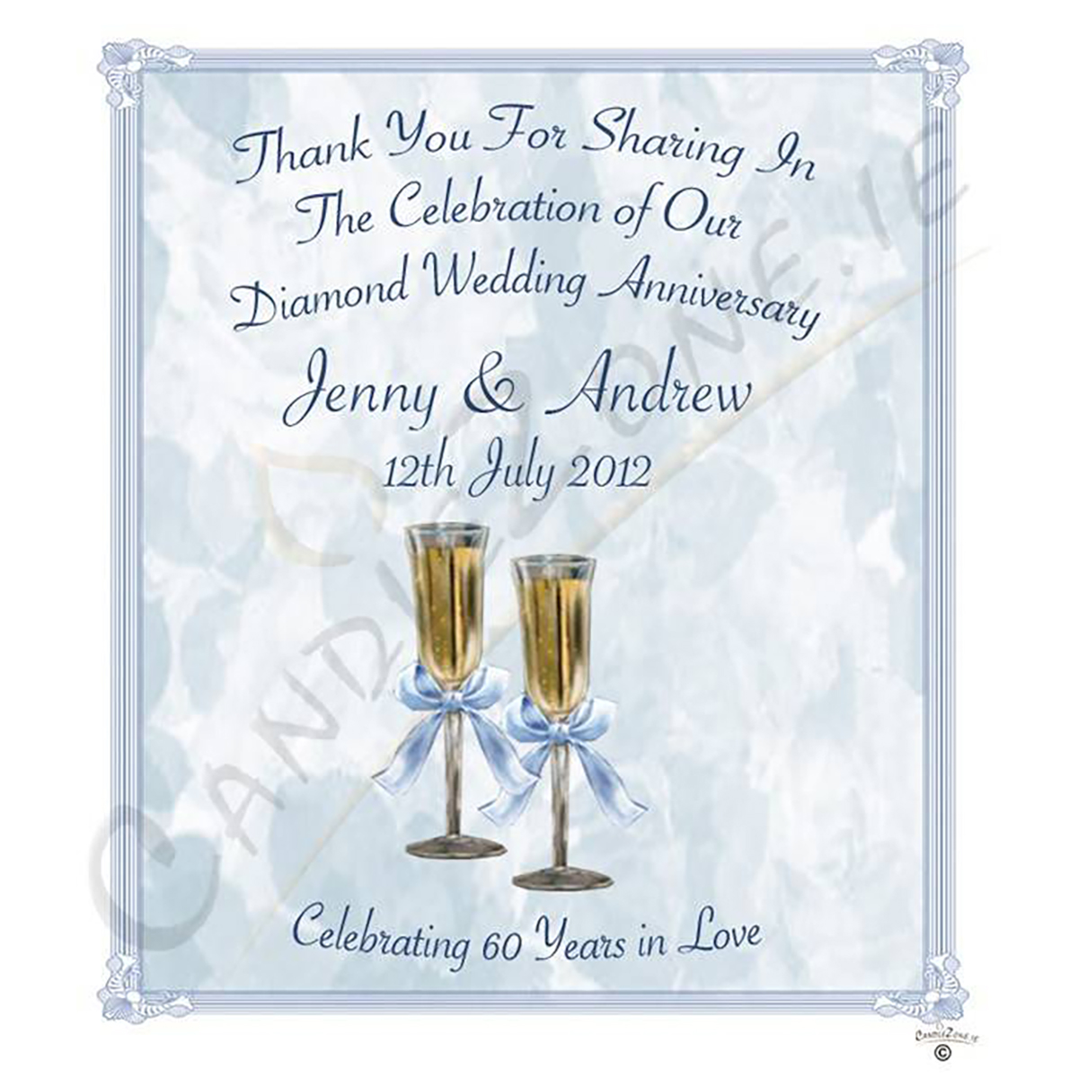 Customised Wedding Anniversary Favour Candle - 60th Anniversary - Champagne Glasses