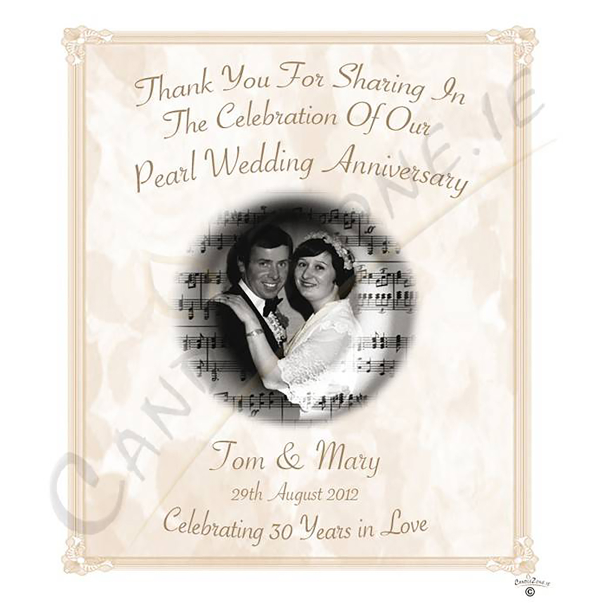 Customised Wedding Anniversary Favour Candle - 30th Anniversary - Champagne Glasses & Photo