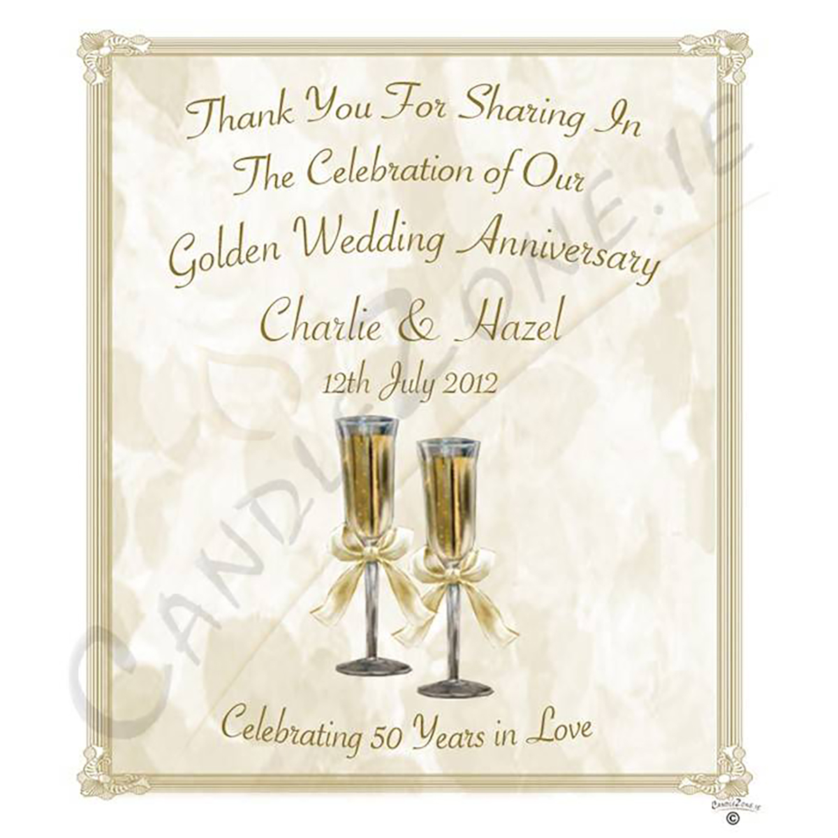 Customised Wedding Anniversary Favour Candle - 50th Anniversary - Champagne Glasses