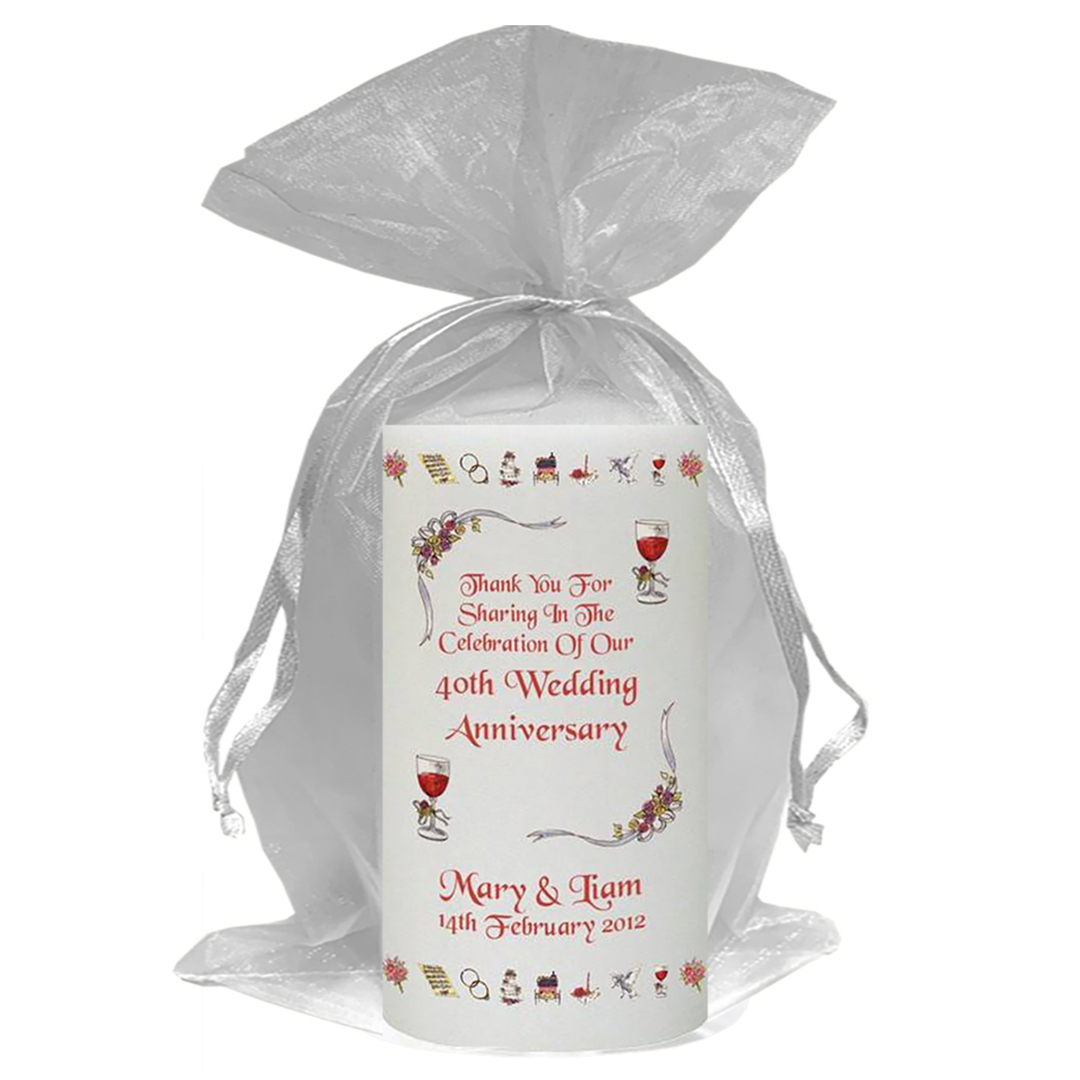 Customised Wedding Anniversary Favour Candle - 40th Anniversary - Ribbons