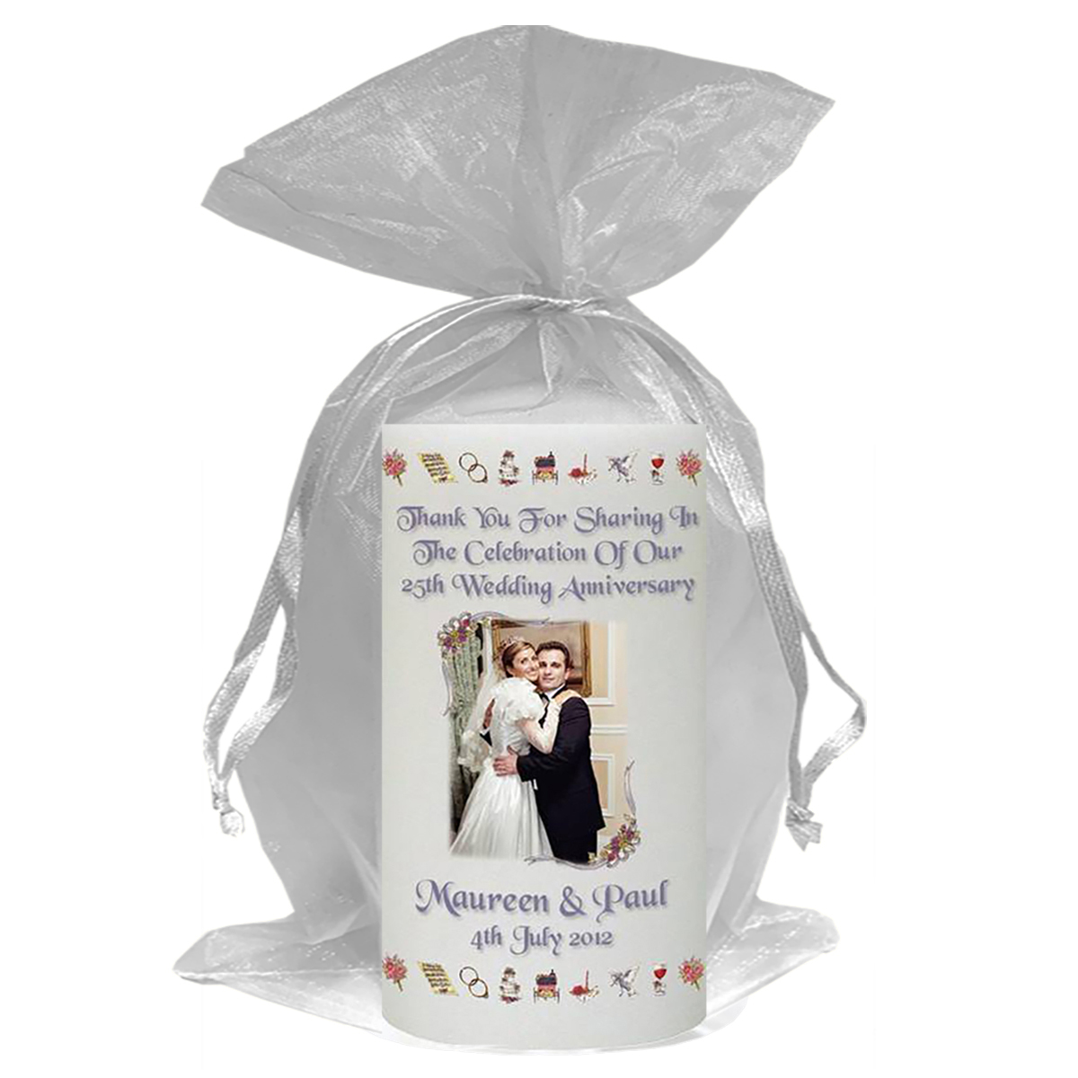 Customised Wedding Anniversary Favour Candle - Happy Anniversary - Ribbons & Photo