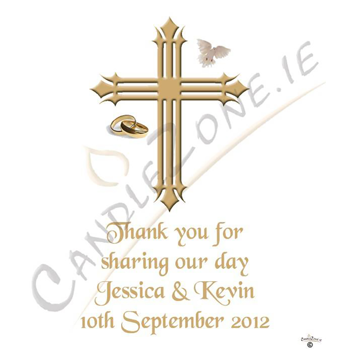 Customised Thank you Wedding Favour - Cross with Dove & Rings Gold