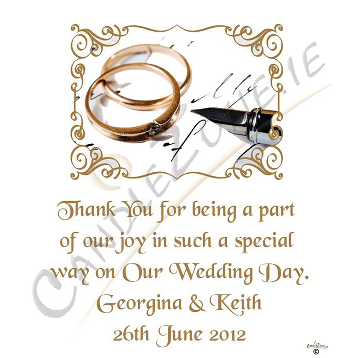 Customised Thank you Wedding Favour - Rings & Pen Modern Gold