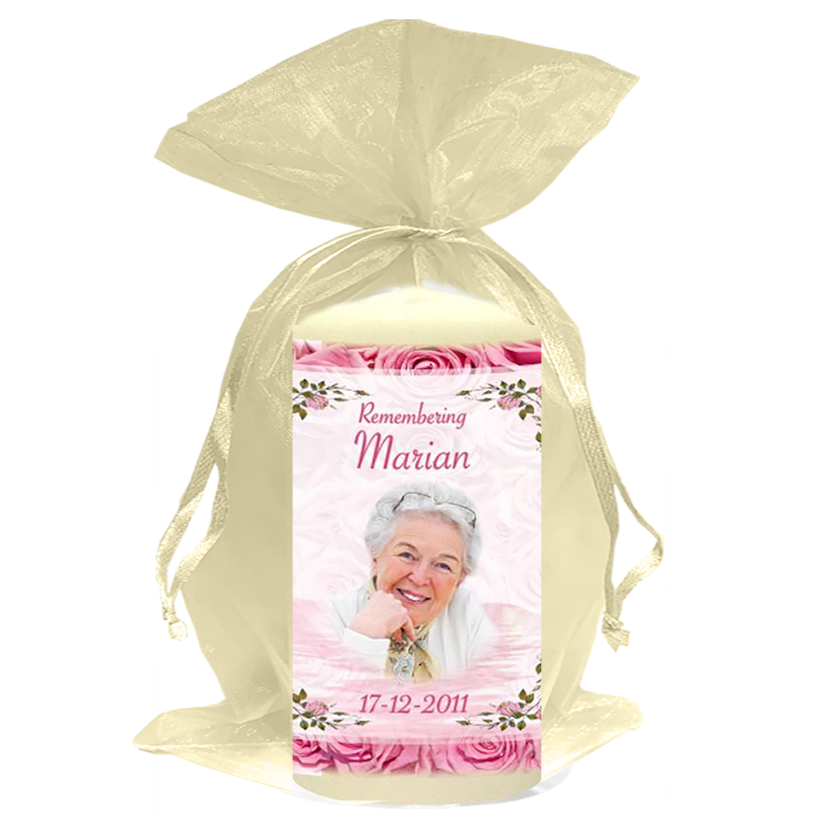 Customised Remembrance Favour Candle - Pink Roses with Photo