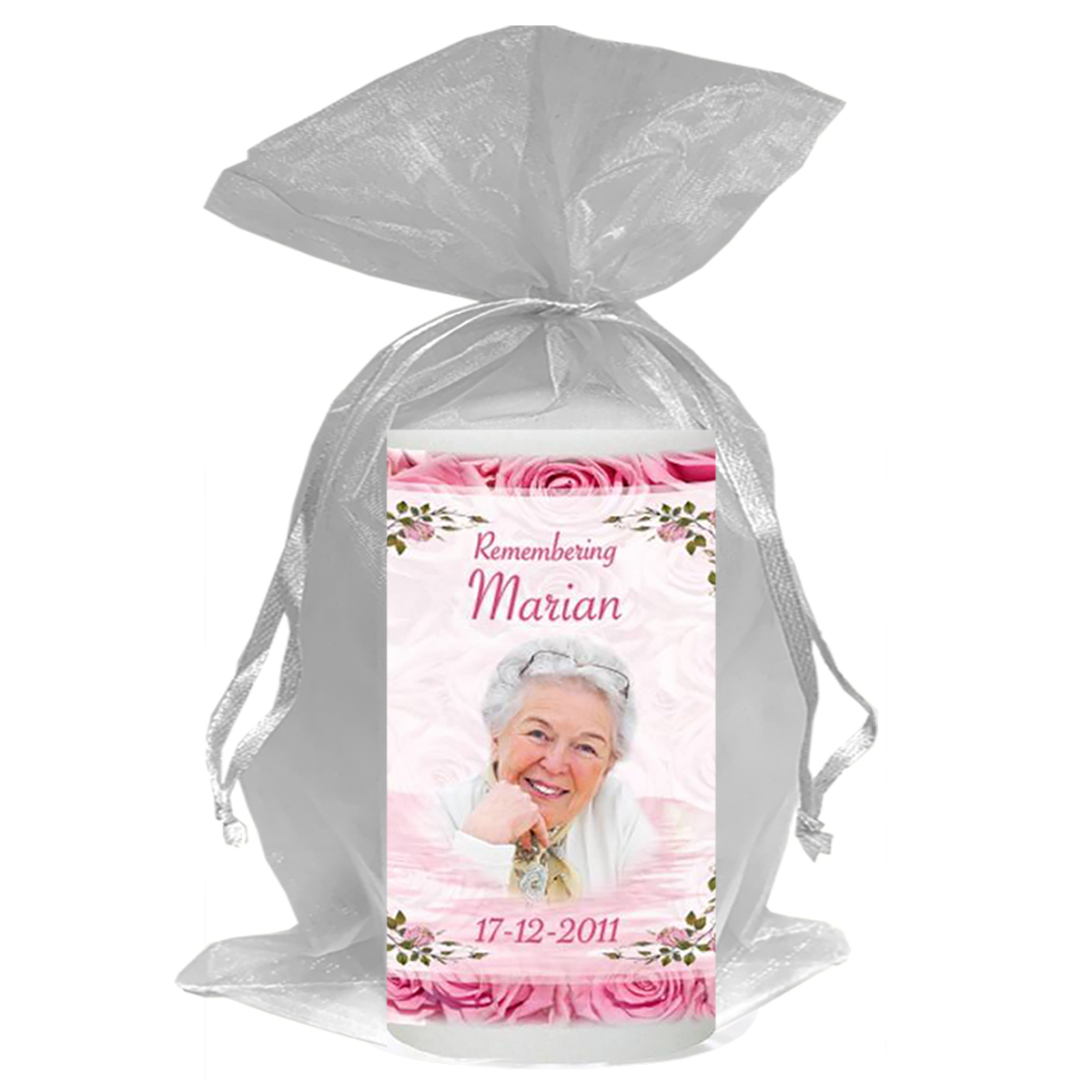 Customised Remembrance Favour Candle - Pink Roses with Photo