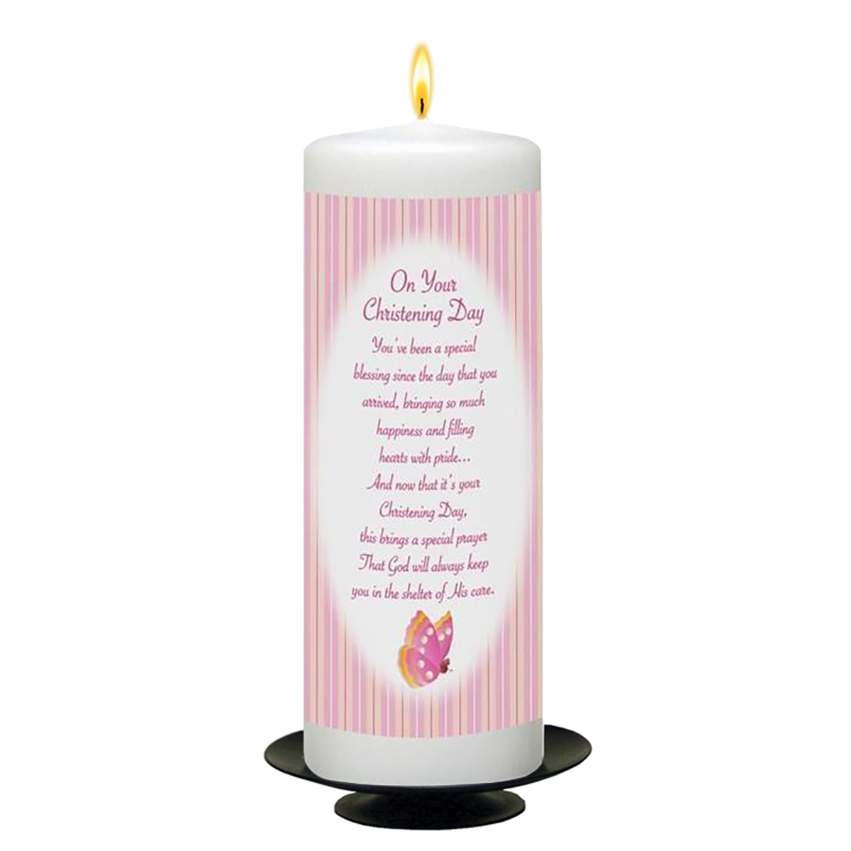 Customised Girls Christening Candle - Butterfly & Bow Pink with Photo