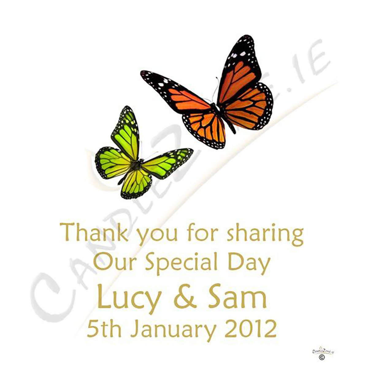 Customised Thank you Wedding Favour - Orange & Green Butterflies Gold