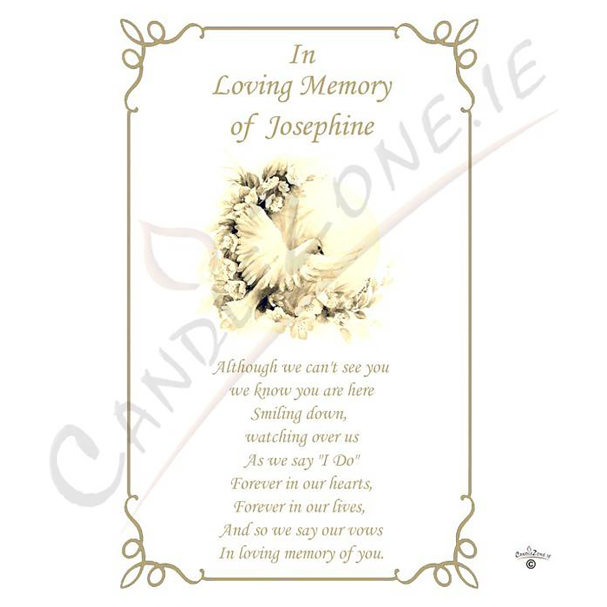 Customised Wedding Remembrance Candle - Dove & Flowers Gold Script