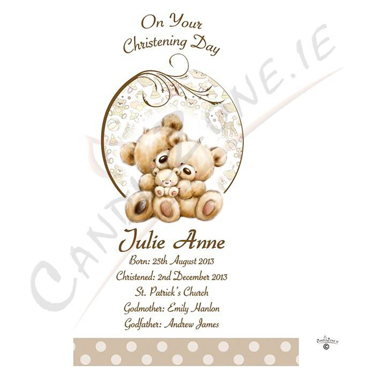 Customised Christening Candle - Teddy & Bubbles Brown