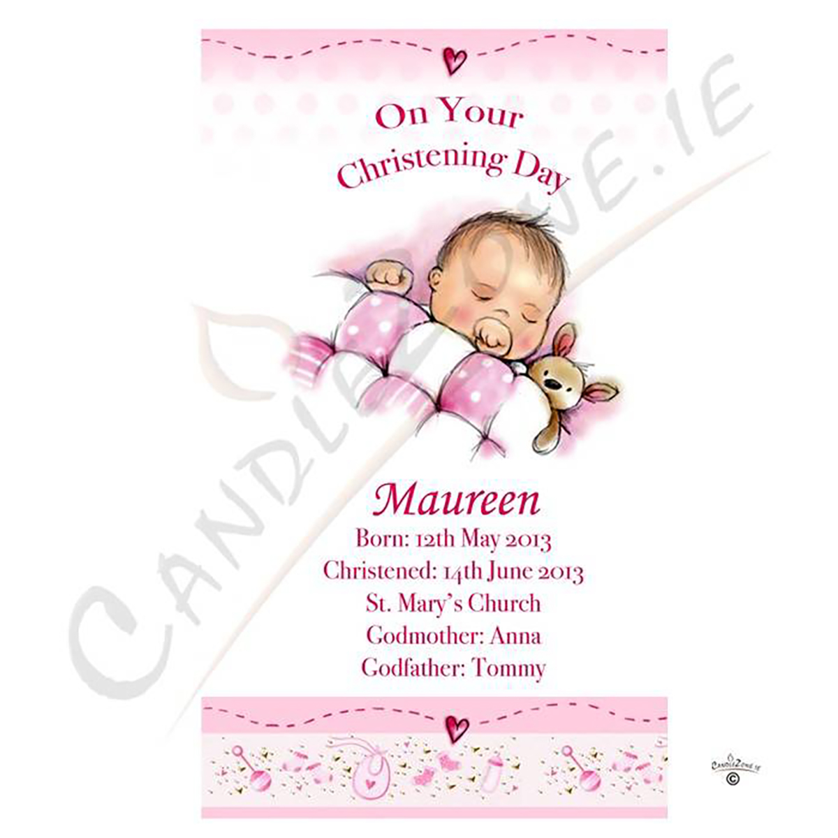 Customised Girls Christening Candle - Teddy & Quilt Pink
