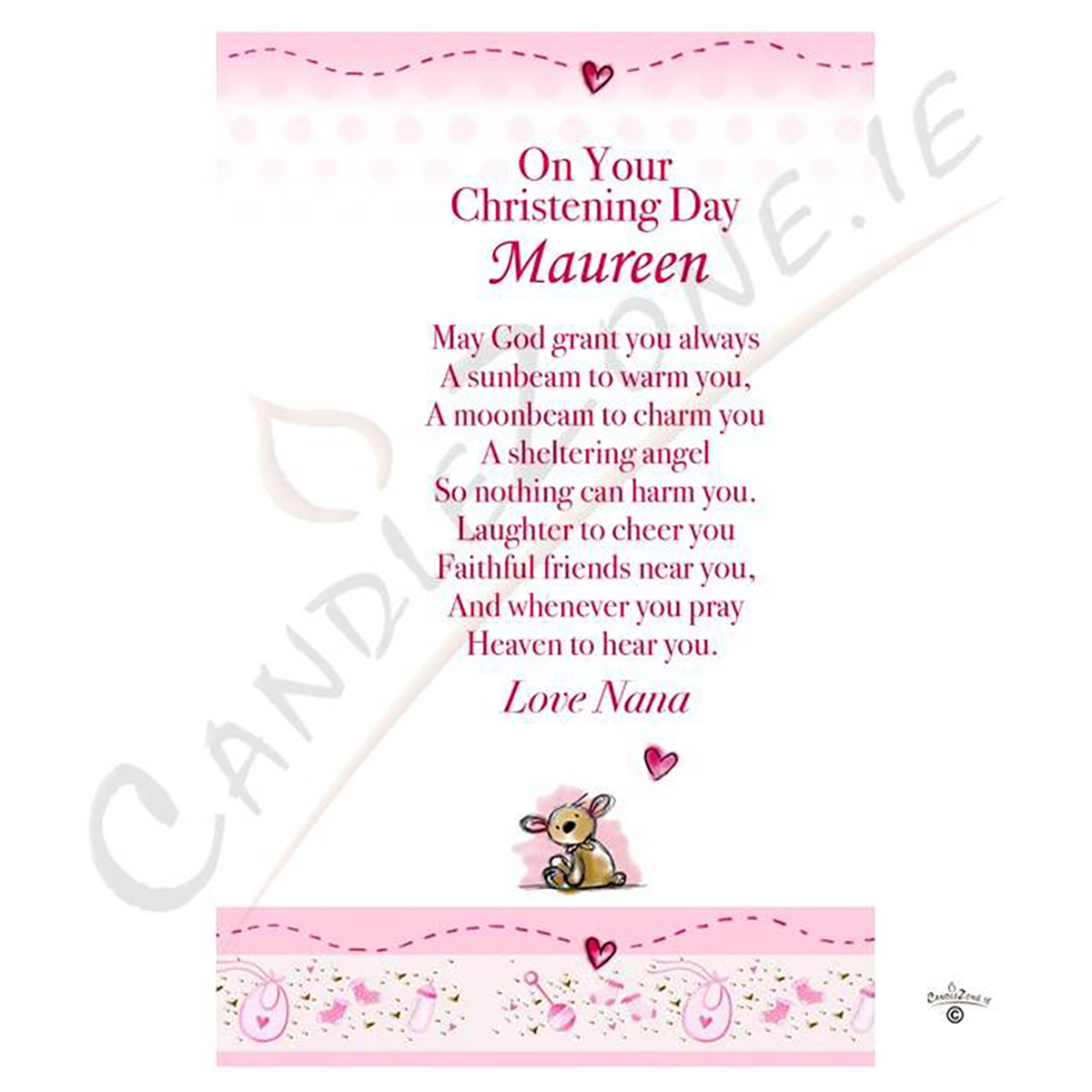 Customised Girls Christening Candle - Teddy & Quilt Pink