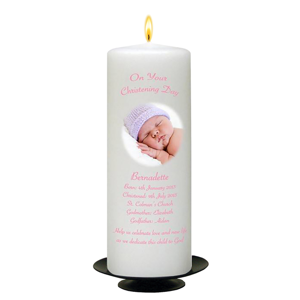 Customised Girls Christening Candle - Flying Dove Pink with Photo