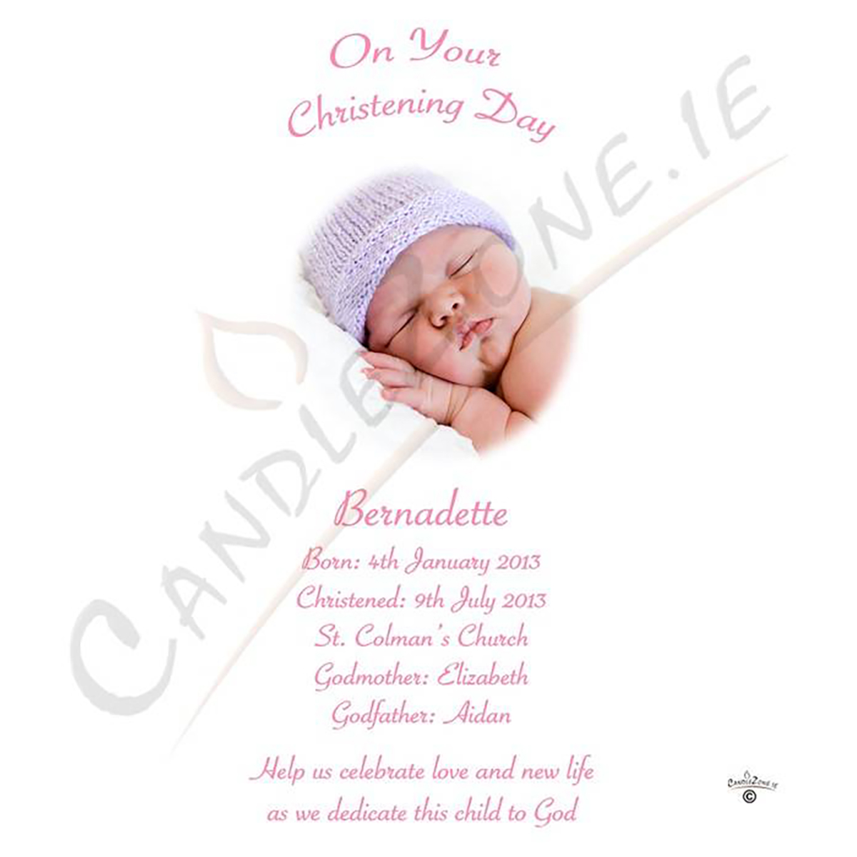 Customised Girls Christening Candle - Flying Dove Pink with Photo