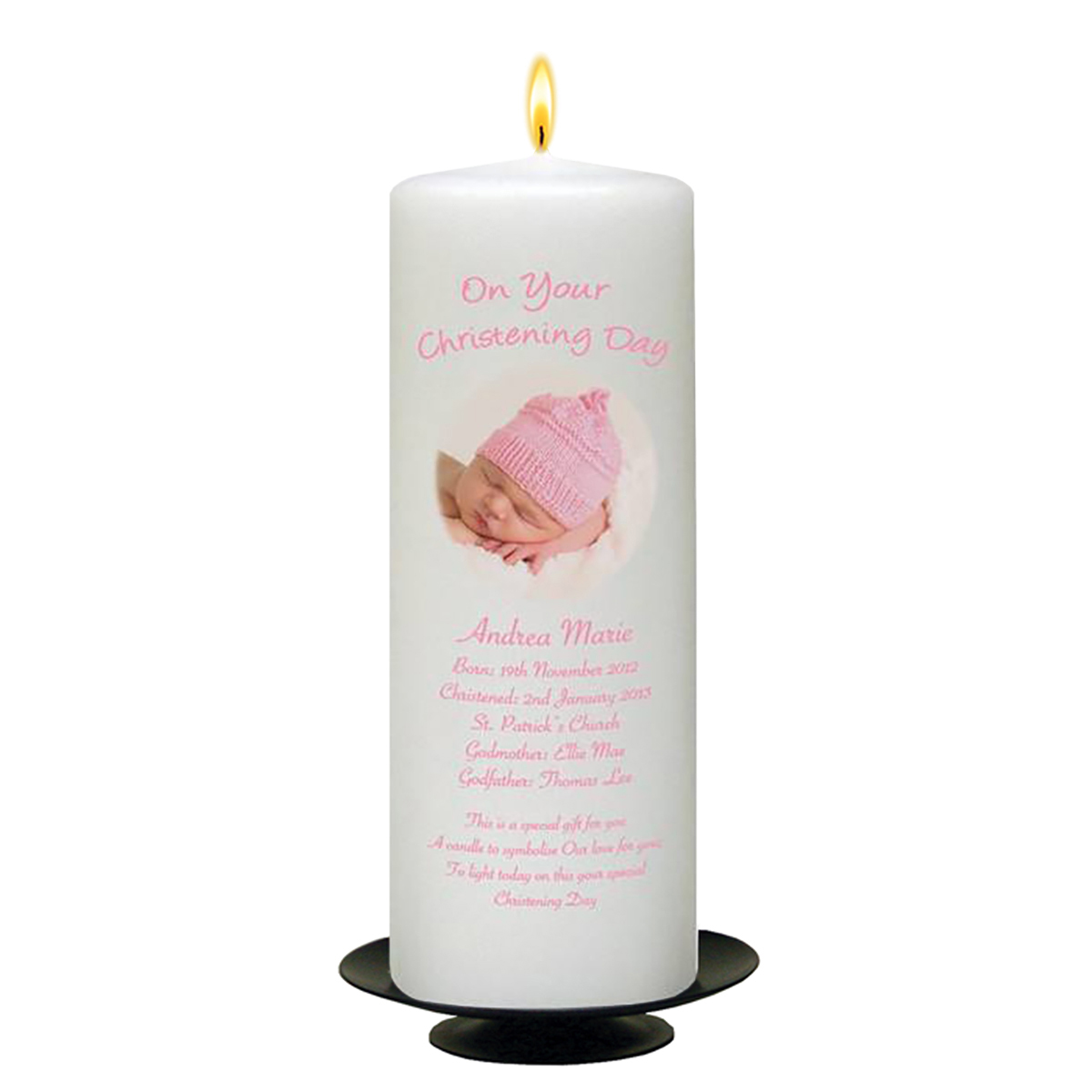 Customised Girls Christening Candle - Mother & Child Pink with Photo