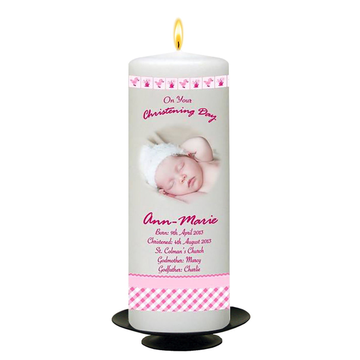 Customised Girls Christening Candle - Hush Teddy Pink with Photo
