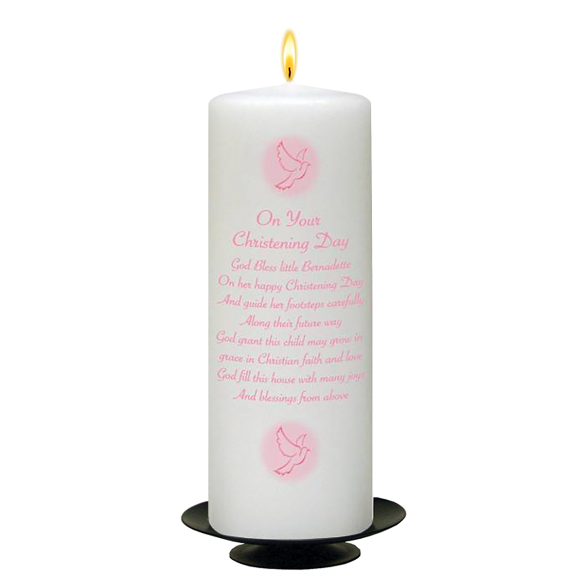 Customised Girls Christening Candle - Flying Dove Pink with Photo