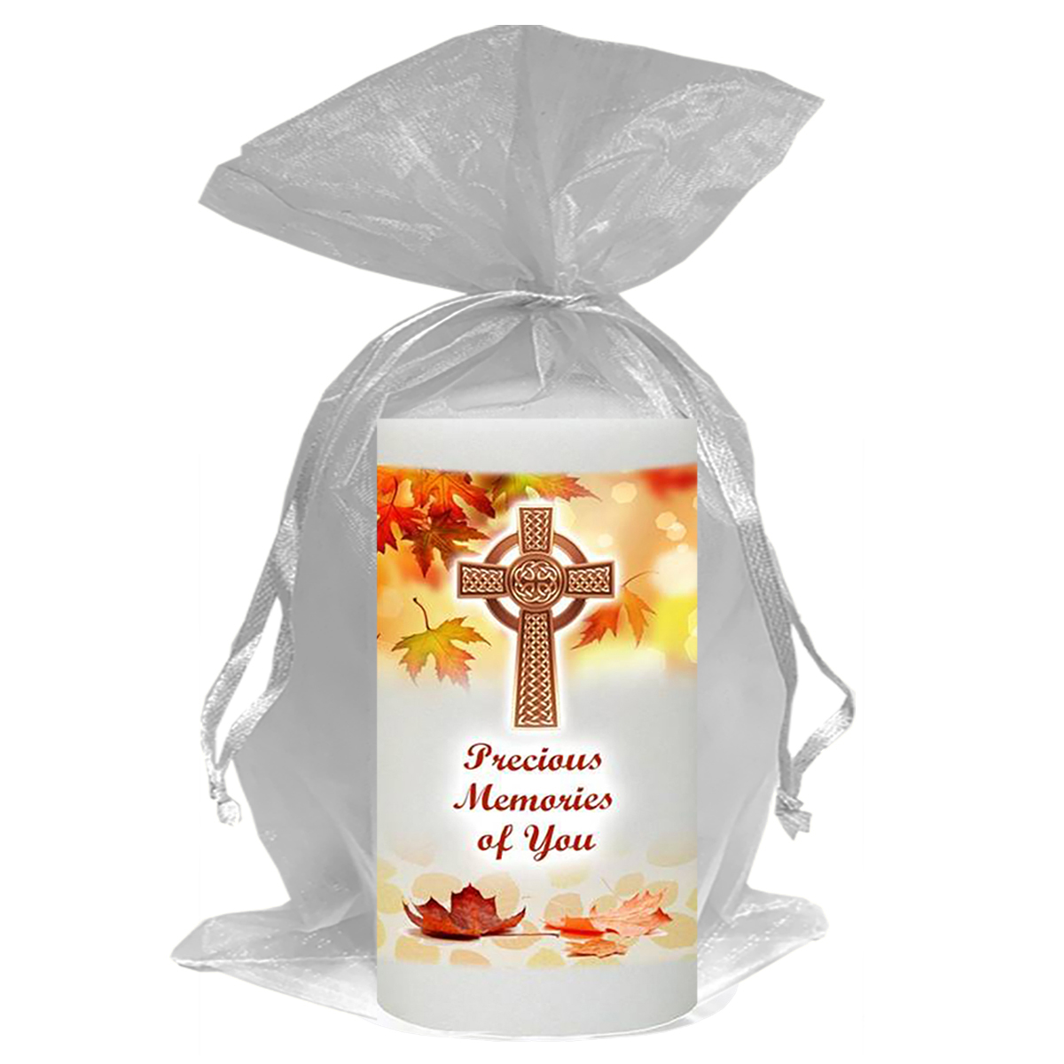 Customised Remembrance Favour Candle - Celtic Cross & Autumn Leaves