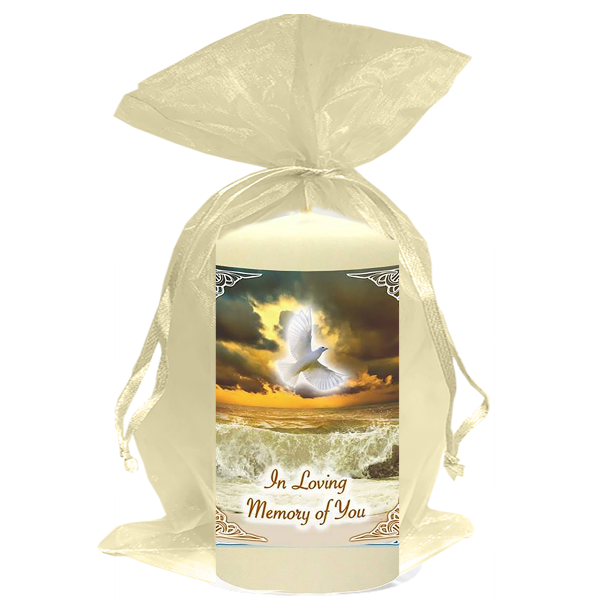 Customised Remembrance Favour Candle - Dove & Sea Waves Gold