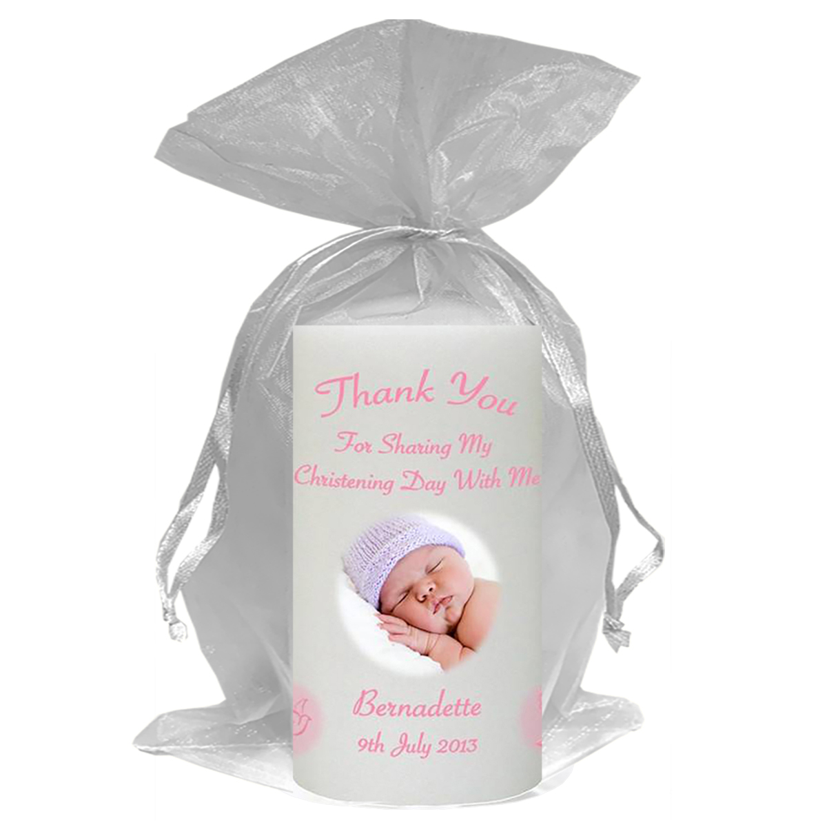 Customised Girls Christening Candle - Flying Dove Pink with Photo