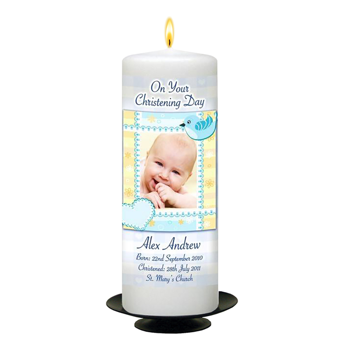 Customised Boys Christening Candle - Heart & Bird Blue with Photo