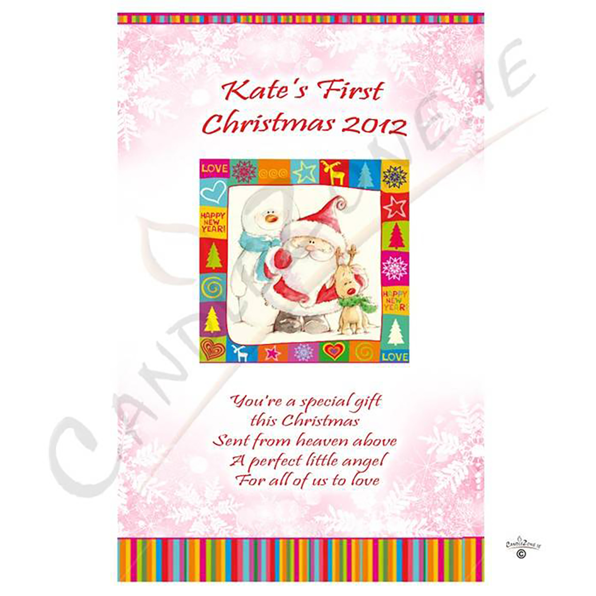 Customised Babys 1st Christmas Candle - Red Snowflakes & Stripes