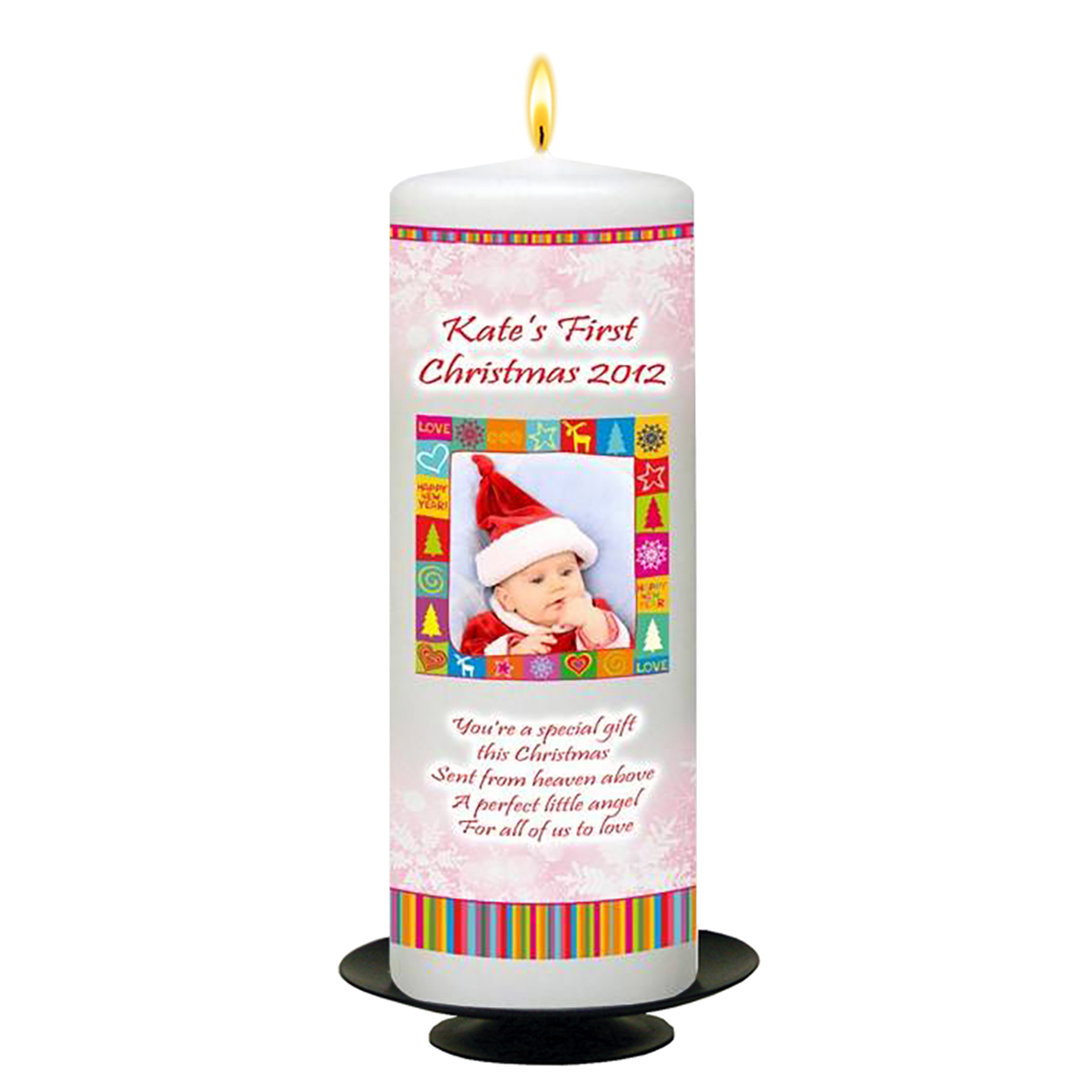 Customised Babys 1st Christmas Candle - Red Snowflakes with Photo