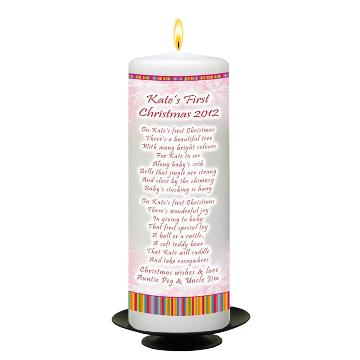 Customised Babys 1st Christmas Candle - Red Snowflakes with Photo